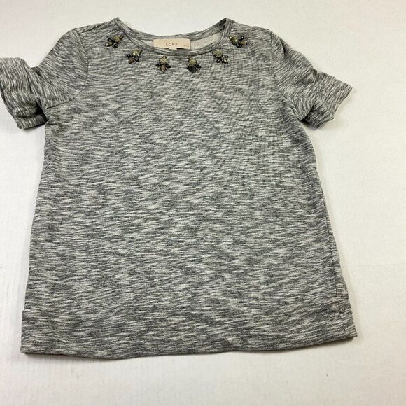 LOFT Womens Cotton Beaded Sweatshirt Gray Short Sleeve Pullover PS Petites - Picture 3 of 12